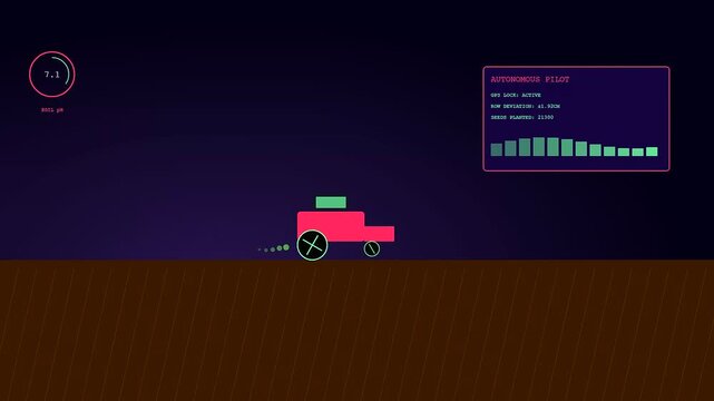 Precision farming data monitors a small red robotic vehicle moving across a dark digital field displaying analytical readouts and speed metrics in simple graphics