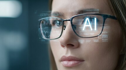 Fototapeta premium Woman Wearing AI Smart Glasses With Blue Digital Data Overlay for Future Work and Privacy Concepts.