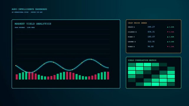 Precision farming data displayed on a dark glowing interface screen showing moving bar graphs and fluctuating numeric indices in a continuous animated digital cycling feed display