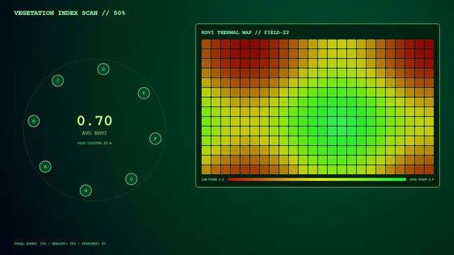 Digital displays showing precision farming data and vegetation index metrics in a dark green interface during a progressive sequence of agricultural land analysis and monitoring