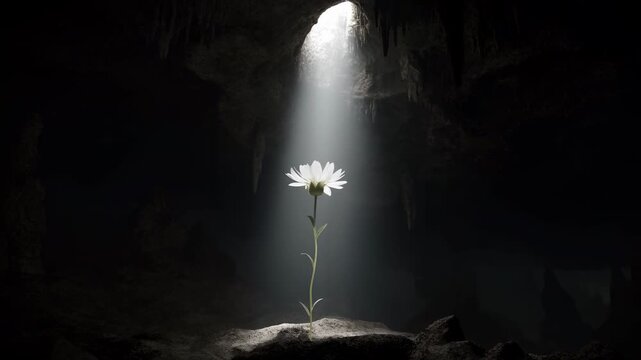 Single flower in a dark cave beneath a dramatic shaft of light