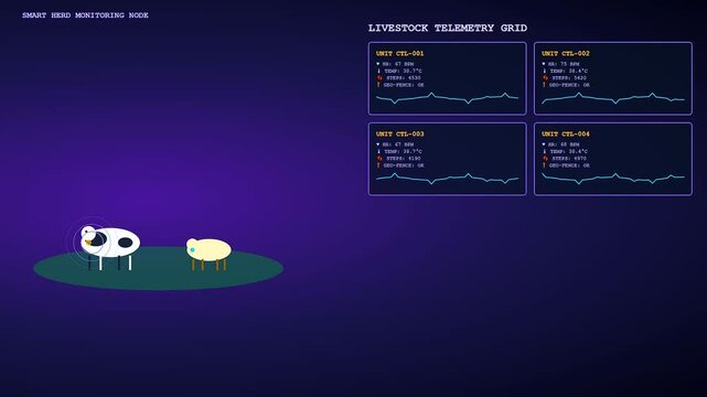 Digital precision farming data panels flicker showing livestock health metrics as animated white and yellow sheep stand on a vibrant purple dark field surface visual