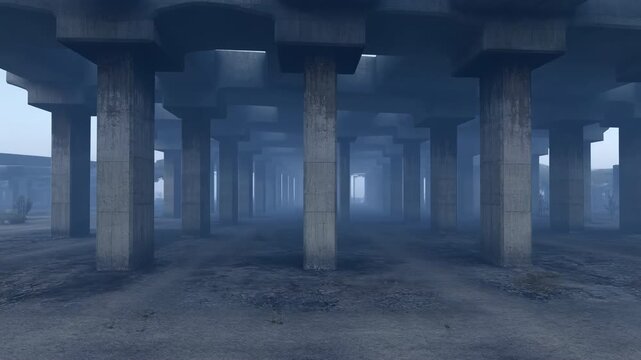 Foggy blue interior with tall columns and soft diffused light