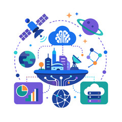 Fototapeta premium Digital technology ecosystem innovation icon featuring global connectivity cloud computing satellite data analytics and smart urban infrastructure