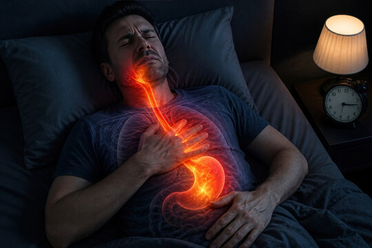 Man Suffering from Acid Reflux at Night, Heartburn and GERD Pain Concept