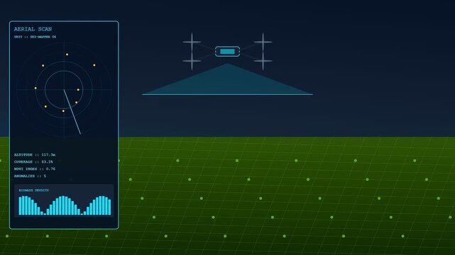 Monitoring precision farming data via aerial drones displays telemetry analytics and digital mapping interfaces showing field growth patterns during a systematic agricultural survey over rural lands