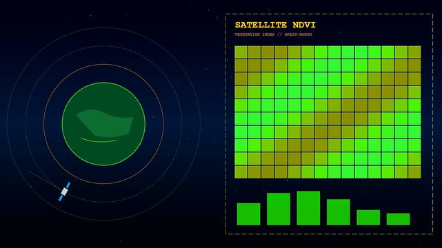 Precision farming data displayed on digital screens showcasing vegetation index satellite metrics with orbit paths and bar charts monitoring agricultural health in an immersive blue space