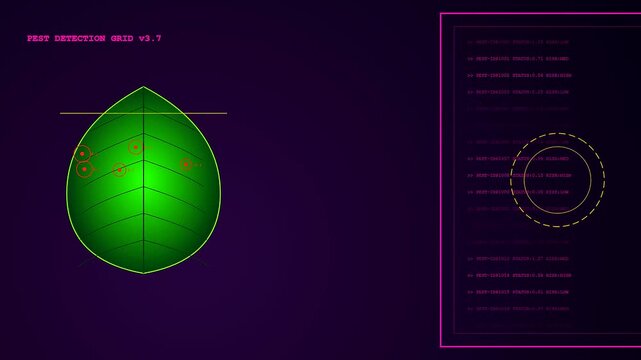 Precision farming data displayed as an animated digital leaf showing scan diagnostics with glowing red nodes and scrolling text on a dark purple interface screen