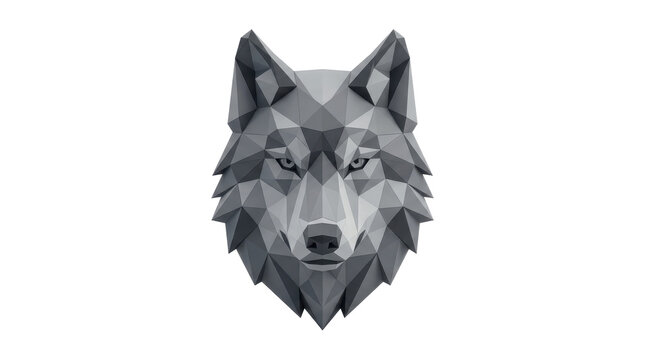 Low-poly wolf head in shades of grey on white background
