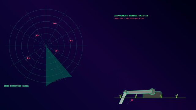 Precision farming data visualization showing an autonomous mechanical arm operating in agricultural fields with circular radar interface tracking targets in a dark blue digital environment monitor