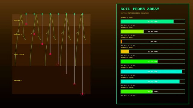 A digital precision farming data interface display shows soil moisture level fluctuations through various depths depicted as glowing charts on a dark brown gradient screen
