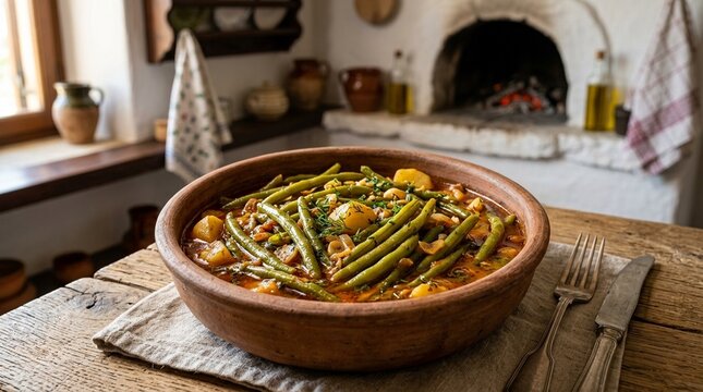Fasolakia ladera green bean Greek green beans fasolakia in olive oil tomato sauce in wide ceramic bowl overhead 45-degree classic food photography hero angle