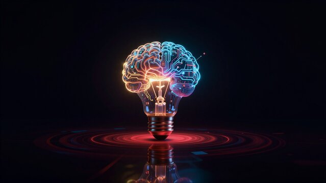 Brain inside glowing light bulb, symbolizing innovation and artificial intelligence.