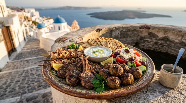 Mixed grill Greek platter Greek mixed grill platter souvlaki lamb chops keftedes on large ceramic plate overhead wide environmental composition showing food