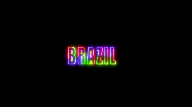 Brazil neon sign country name colorful glowing text black background
