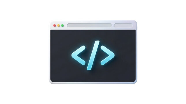 Glowing blue coding symbols on a computer screen with a white background