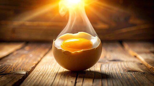 A close-up of a cracked egg with a bright yellow yolk and steam
