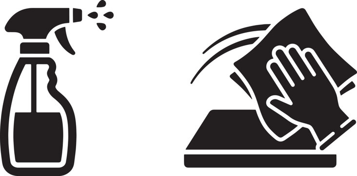 Art & Illustration, Solid black icon set showing a household trigger spray bottle next to a hand actively wiping a surface with a cleaning cloth.