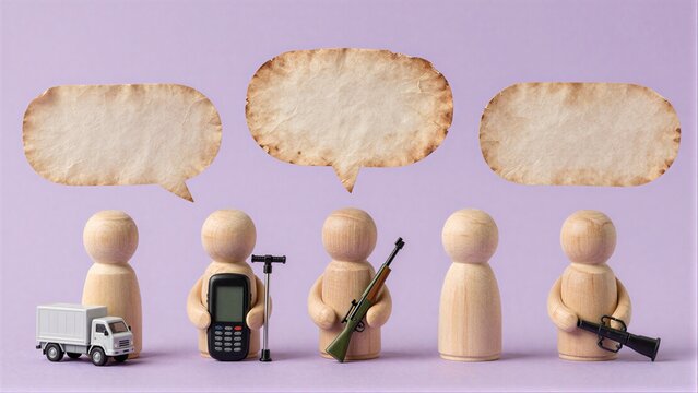 Five wooden figures with speech bubbles, symbolizing communication or conflict.