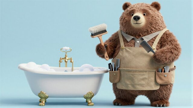 A bear in overalls holds tools beside a bubble-filled bathtub.