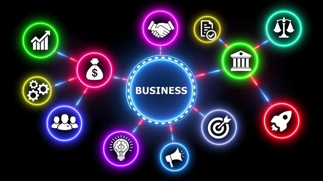 Business management workflow chart with connecting colorful neon icons.