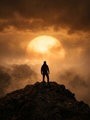 Obraz premium A dark silhouette of a lone figure stands before a distant city skyline under a massive glowing sun within thick warm monochromatic atmospheric volumetric fog