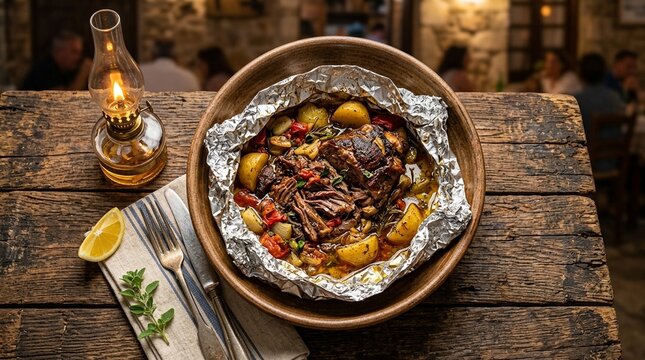 Kleftiko lamb wrapped Greek kleftiko slow-cooked lamb parcel foil opened showing falling-off-bone meat lemon herb juice in ceramic bowl overhead aerial