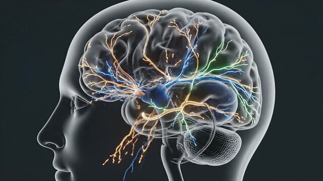 Transparent Head Illustration with Neural Pathways Exhibiting Learning and Cognitive Processes in the Human Brain