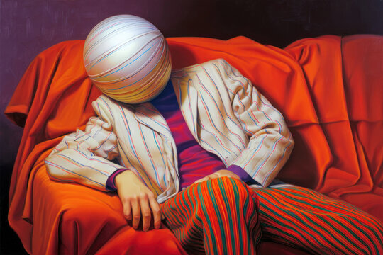Surreal Figure with Abstract Head Resting on Sofa &ndash; Identity and Detachment Concept