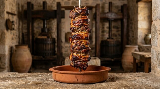 Kontosouvli lamb spit roast slow-roasted kontosouvli pork lamb on spit close crispy caramelised surface straight-on eye-level profile hero shot showing the