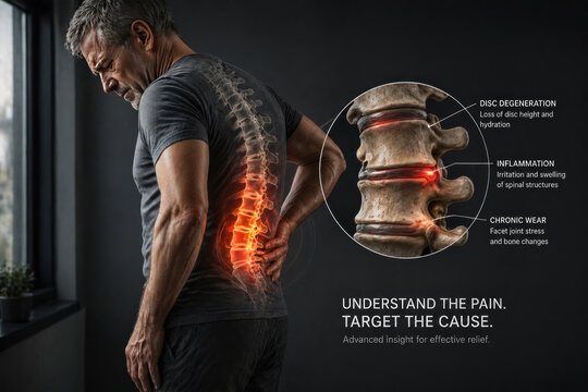 Lower back pain with spinal degeneration and inflammation, detailed medical concept