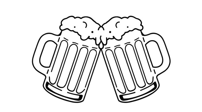 black and white illustration featuring two beer mugs clinking together. Each mug is depicted with vertical lines to suggest a glass texture and is filled with frothy foam overflowing