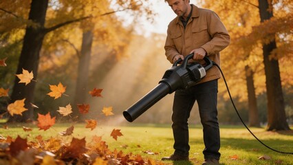 Naklejka premium Man using leaf blower in autumn park