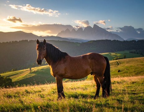 Horse at sunset on meadow