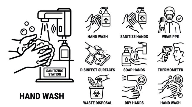 Hand washing and hygiene safety procedure icons.