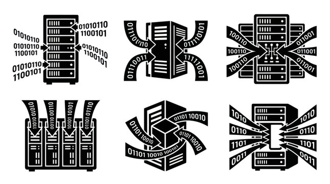 Isometric black and white data server and binary icons.