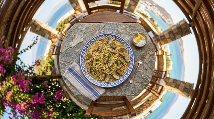Obraz premium Clams pasta Greek pasta with clams in white wine garlic sauce shells open on ceramic plate overhead shallow depth portrait isolation food sharp background