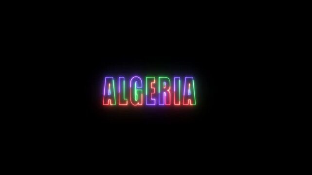Neon Sign Algeria Country Name in Rainbow Colors on Black Background