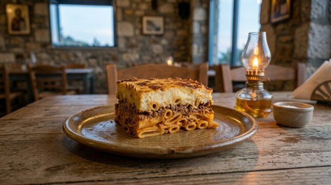 Pastitsio baked pasta pastitsio baked pasta slice showing wide tubular pasta spiced meat and b&eacute;chamel layers on ceramic plate golden side profile hero showing