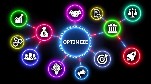 Business optimization network concept with neon glowing icons animation.