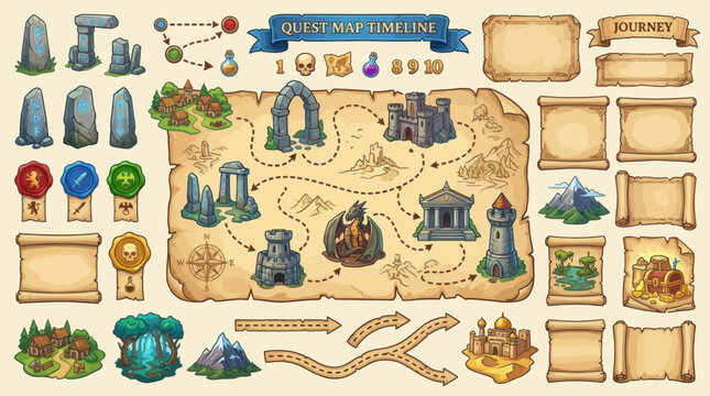 Fantasy RPG Game Map Elements and Icons with Ancient Stones and Scrolls
