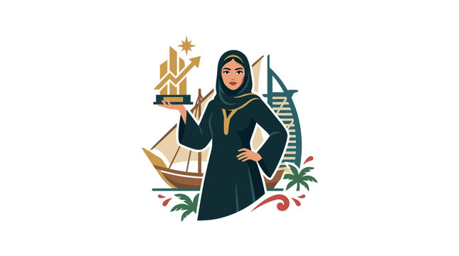 Middle Eastern Businesswoman Holding Financial Growth Trophy in Dubai