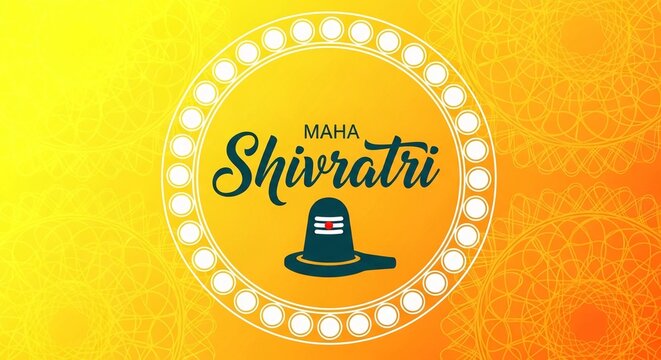 Decorative maha shivratri festival graphic illustration featuring a traditional shiva lingam symbol centered inside a circular frame on a vibrant bright yellow and orange gradient background