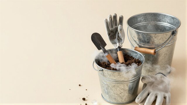 Garden tools and gloves in buckets, soil with misty vapor rising.
