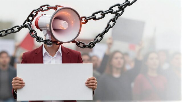 Protestor with megaphone chained, holding blank sign amid crowd.