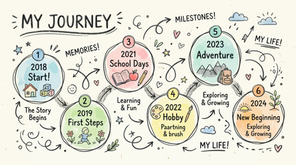 Obraz premium Illustrated hand drawn timeline showing childhood milestones and growth.