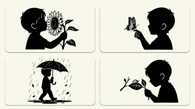Set of silhouettes showing children interacting with nature and weather elements.