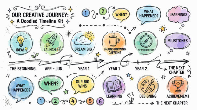 Hand drawn doodle timeline kit for creative planning and project progress