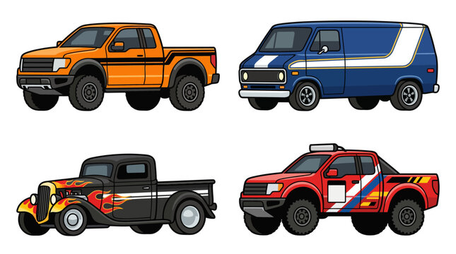 Set of four colorful stylized custom off-road pickup trucks and a van.