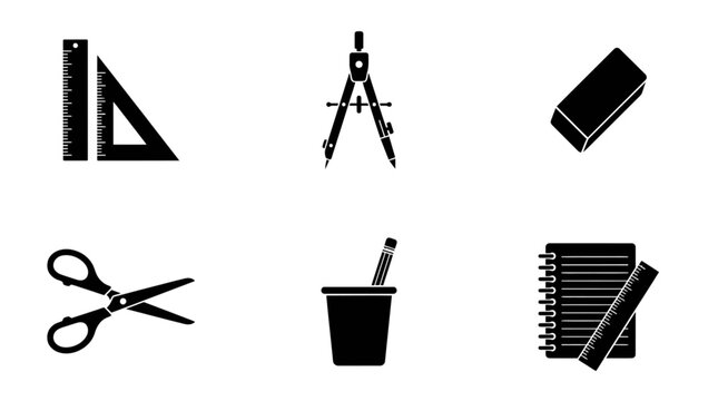 Black silhouette stationery icons set school supplies drafting tools and office essentials collection